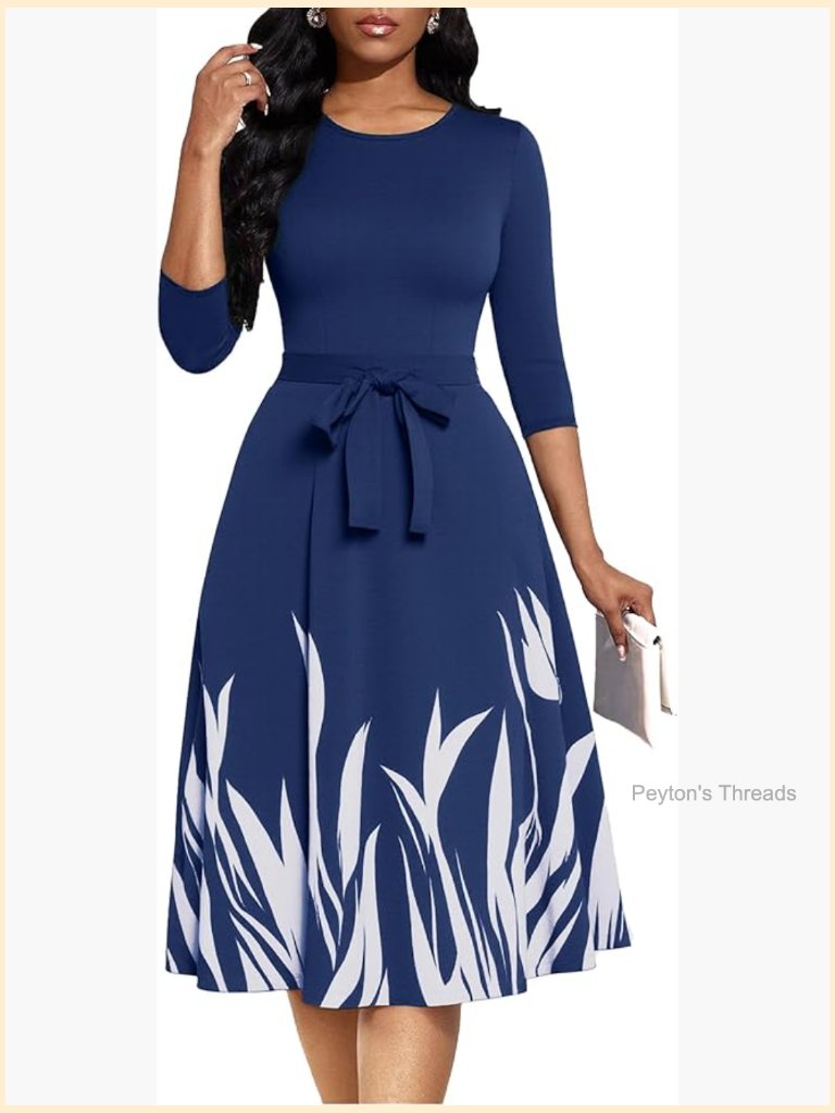 Midi Dress With 3/4 Sleeve Crew Neck Knee Length A Line Swing Summer Dress